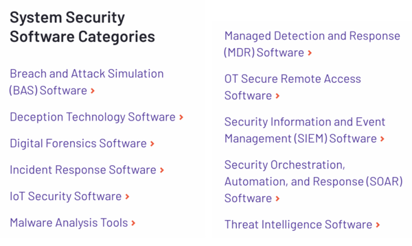 snippet listing G2's System Security Software categories